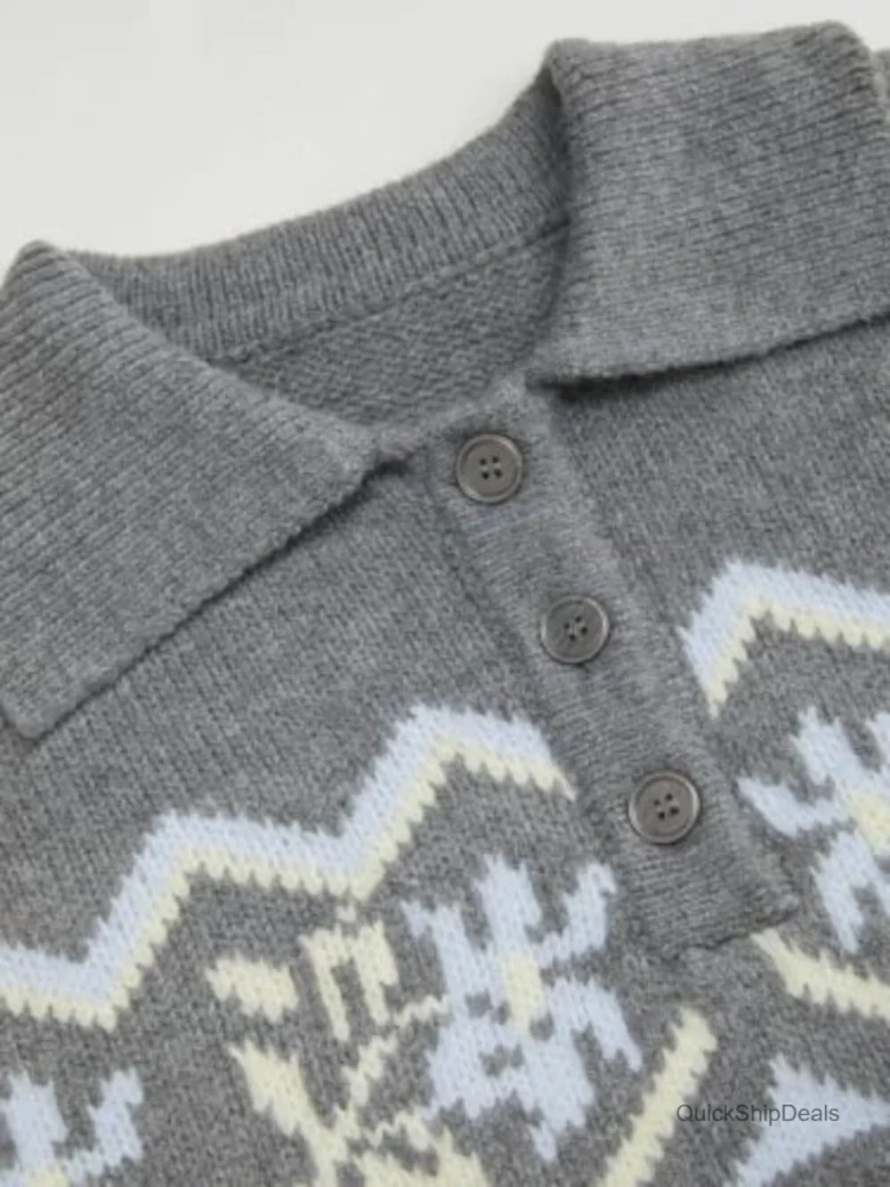 Fair Isle Argyle Knit Polo Sweater Button Placket Pullover Top